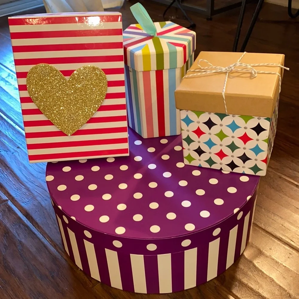 Set of 4 colorful striped polka dot festive party variety multi sized gift boxes